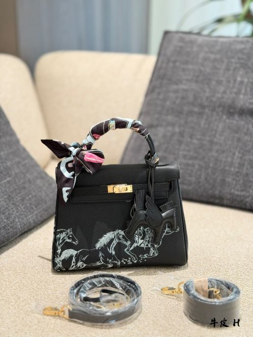 エルメス コピー ケリー ケリー25 ハンドバッグ ブラック 馬柄デザイン レディース