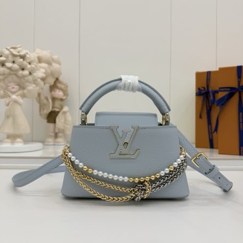 ルイヴィトン コピー カプシーヌ コンパクトバッグ ハンドバッグ ブルー チェーン装飾 レディース 新作