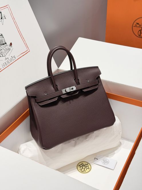 エルメス コピー バーキン ハンドバッグ ダークブラウン シルバー金具 レディース 定番