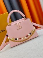 ルイヴィトン n級品 カプシーヌ コンパクトバッグ ピンク ビーズ装飾 ゴールド金具 M28455