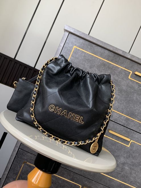 シャネル スーパーコピー シャネル22 ハンドバッグ ブラックグレインレザー ゴールドチェーン