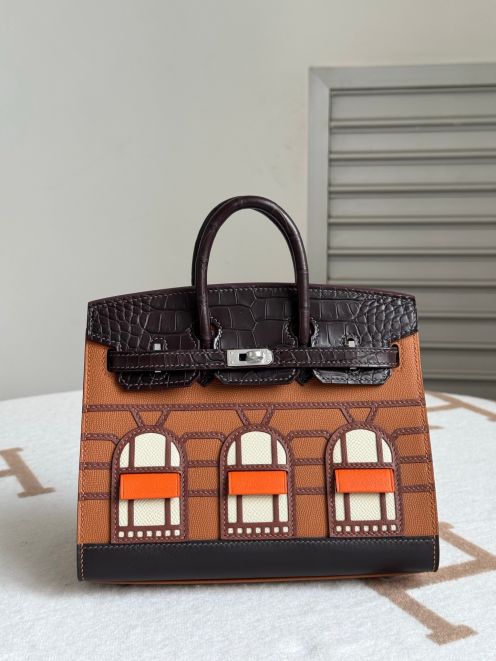 エルメス スーパーコピー バーキン ハンドバッグ ブラウンコンビ クロコ型押し 異素材デザイン 上質仕様