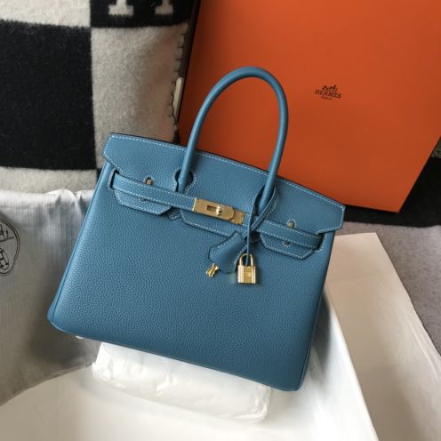 エルメス ハイブランド バーキン ハンドバッグ ブルー系 シボレザー ゴールド金具 上品仕様