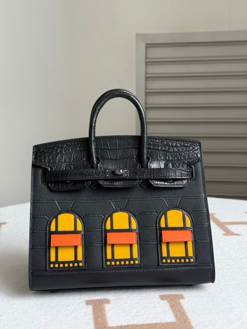 エルメス スーパーコピー バーキン ハンドバッグ ブラック系 クロコ型押し 異素材デザイン 個性派仕様