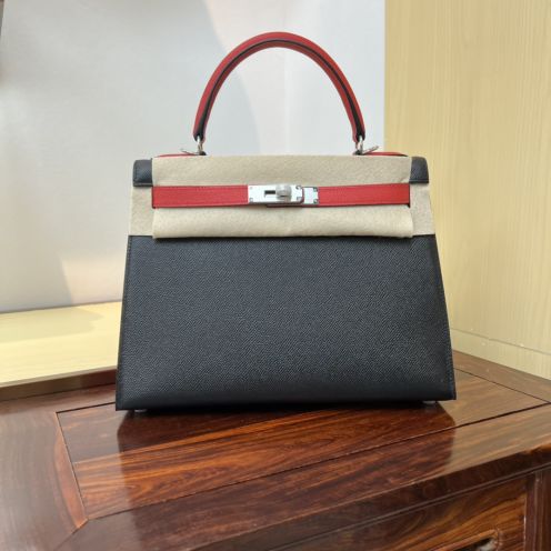エルメス n級品 ケリー ハンドバッグ ブラック レッドコンビ シルバー金具 上質レザー仕上げ