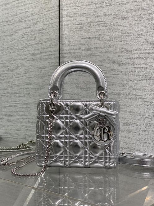 ディオール 並行輸入品 レディディオール ミニバッグ ハンドバッグ シルバー系 カナージュ調 キルティング