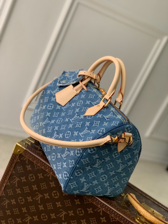 ルイヴィトン コピー ナノスピーディ モノグラムデニム ブルー レザー切替 ミニハンドバッグ_2
