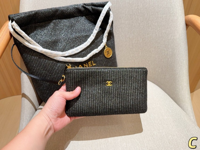 シャネル スーパーコピー シャネル22 トートバッグ ブラック編み込み素材 ポーチ付き ゴールドロゴ_4