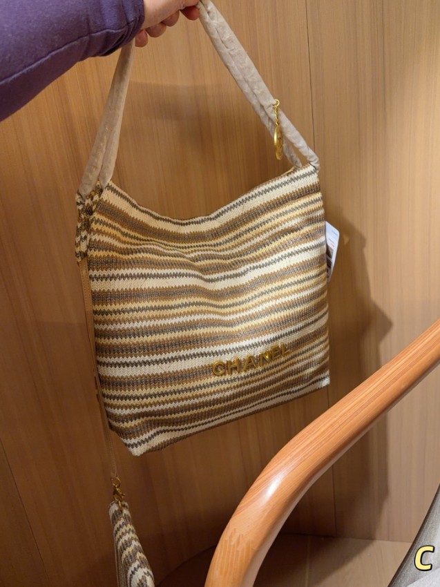 シャネル スーパーコピー シャネル22 トートバッグ ボーダー編み素材 ベージュ系 ポーチ付き_6