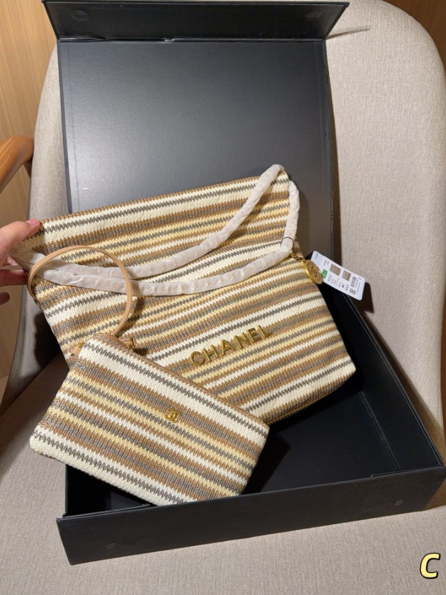 シャネル スーパーコピー シャネル22 トートバッグ ボーダー編み素材 ベージュ系 ポーチ付き_7