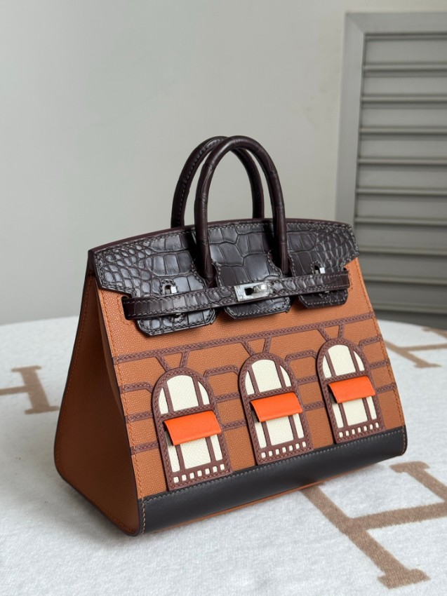 エルメス スーパーコピー バーキン ハンドバッグ ブラウンコンビ クロコ型押し 異素材デザイン 上質仕様_3