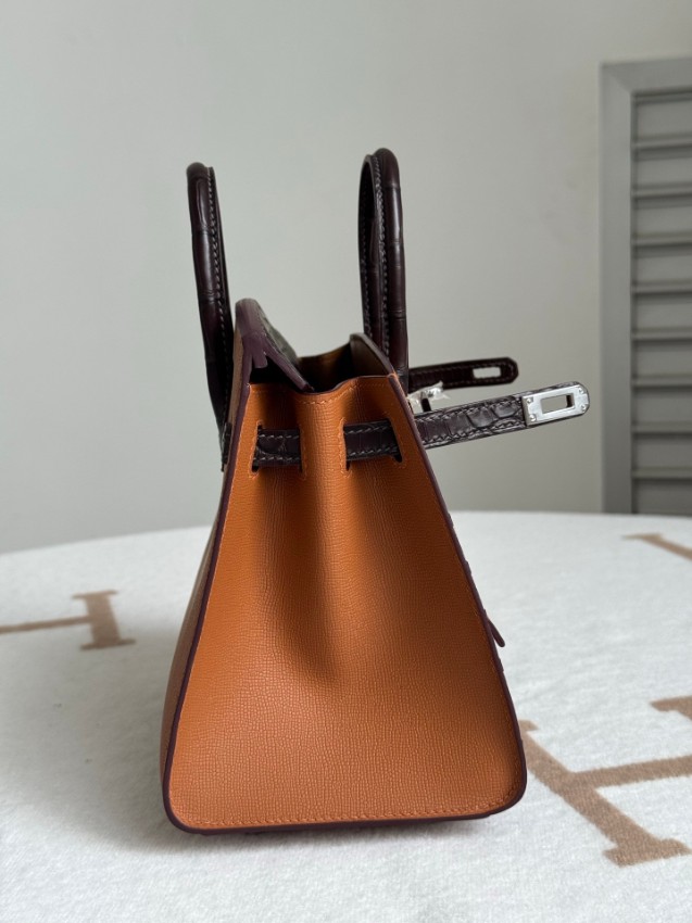 エルメス スーパーコピー バーキン ハンドバッグ ブラウンコンビ クロコ型押し 異素材デザイン 上質仕様_5