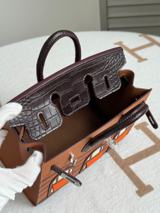 エルメス スーパーコピー バーキン ハンドバッグ ブラウンコンビ クロコ型押し 異素材デザイン 上質仕様_7