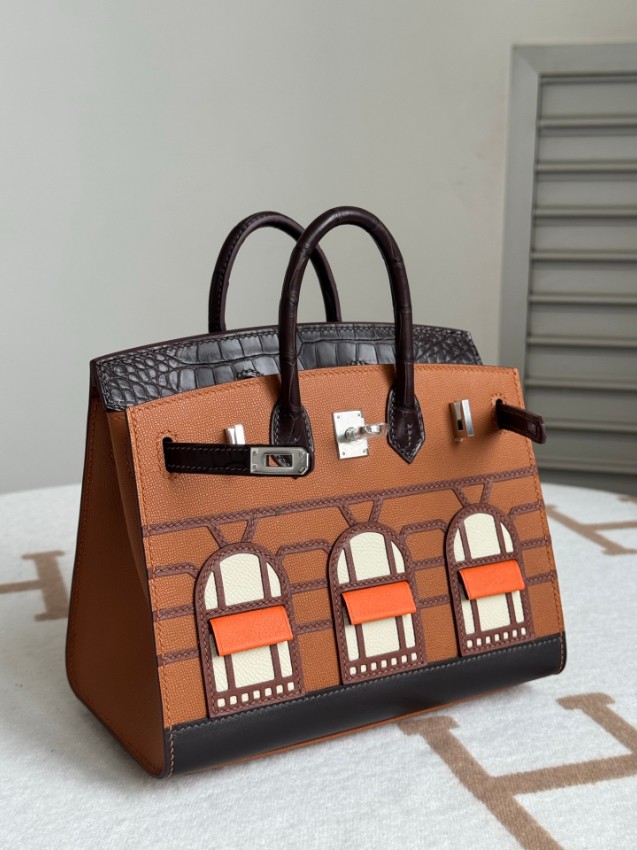 エルメス スーパーコピー バーキン ハンドバッグ ブラウンコンビ クロコ型押し 異素材デザイン 上質仕様_8