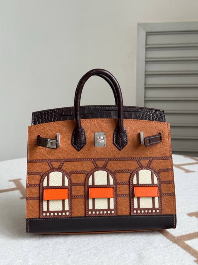 エルメス スーパーコピー バーキン ハンドバッグ ブラウンコンビ クロコ型押し 異素材デザイン 上質仕様_9