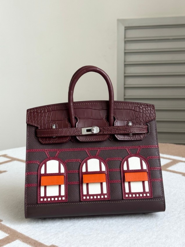 エルメス スーパーコピー バーキン ハンドバッグ ワインレッド系 クロコ型押し 異素材コンビ 上質仕様_4