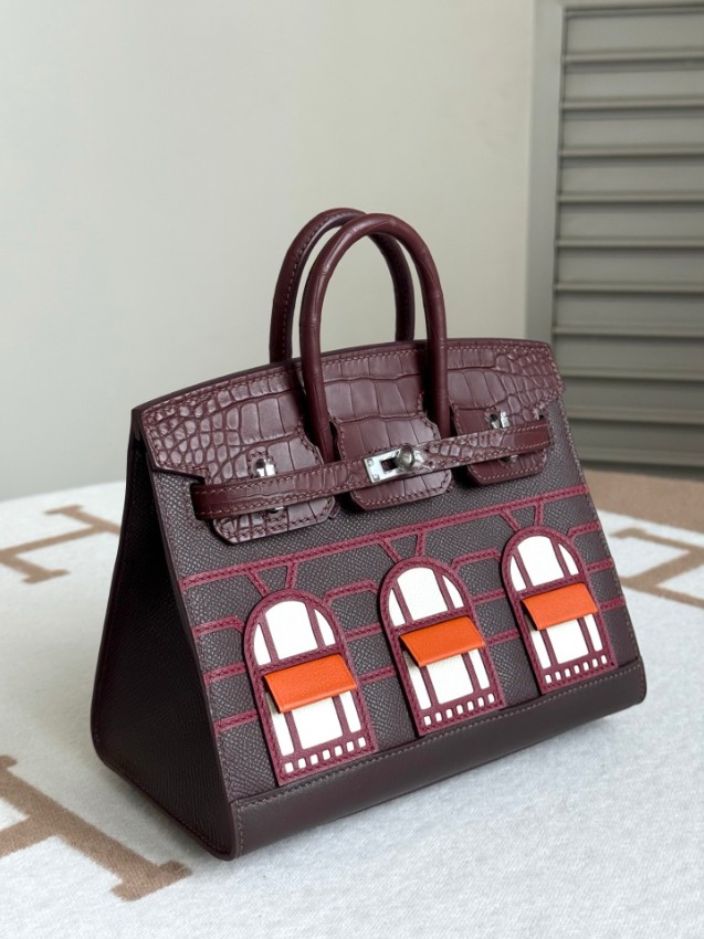 エルメス スーパーコピー バーキン ハンドバッグ ワインレッド系 クロコ型押し 異素材コンビ 上質仕様_5