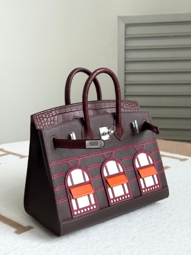 エルメス スーパーコピー バーキン ハンドバッグ ワインレッド系 クロコ型押し 異素材コンビ 上質仕様_7