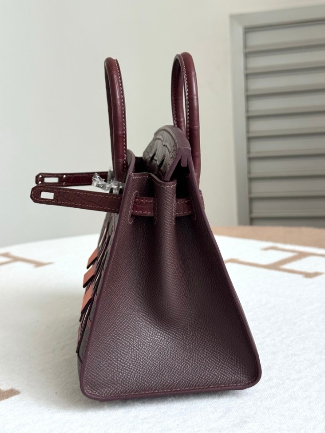 エルメス スーパーコピー バーキン ハンドバッグ ワインレッド系 クロコ型押し 異素材コンビ 上質仕様_8