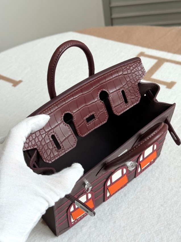 エルメス スーパーコピー バーキン ハンドバッグ ワインレッド系 クロコ型押し 異素材コンビ 上質仕様_9