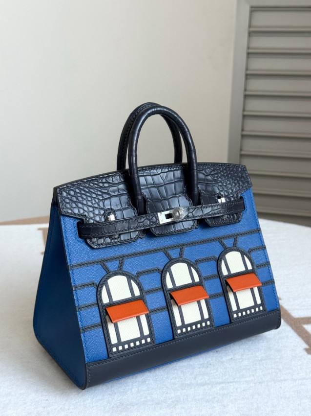 エルメス スーパーコピー バーキン ハンドバッグ ブルーコンビ クロコ型押し 異素材デザイン 上質仕様_5