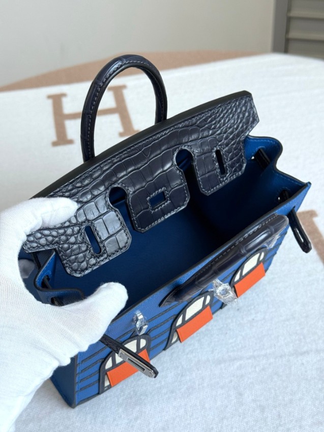エルメス スーパーコピー バーキン ハンドバッグ ブルーコンビ クロコ型押し 異素材デザイン 上質仕様_7