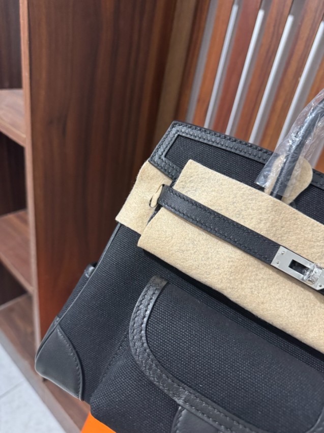 エルメス スーパーコピー バーキン ハンドバッグ ブラック系 キャンバスレザー切替 フロントポケット 上質仕様_2