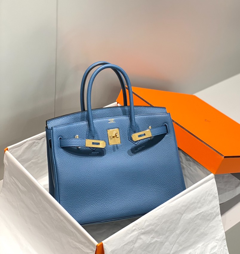 エルメス バーキン 並行輸入品 ハンドバッグ ブルー ゴールド金具 トゴ調レザー 洗練デザイン_3