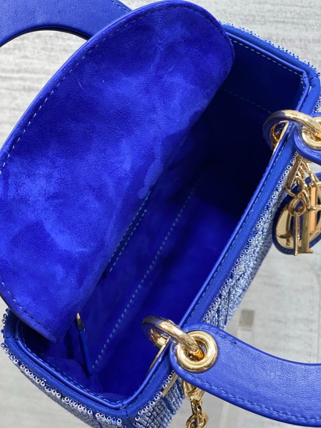 ディオール n級品 レディディオール コンパクトバッグ ブルー ビジュー刺繍 ゴールド金具 エレガントデザイン_6
