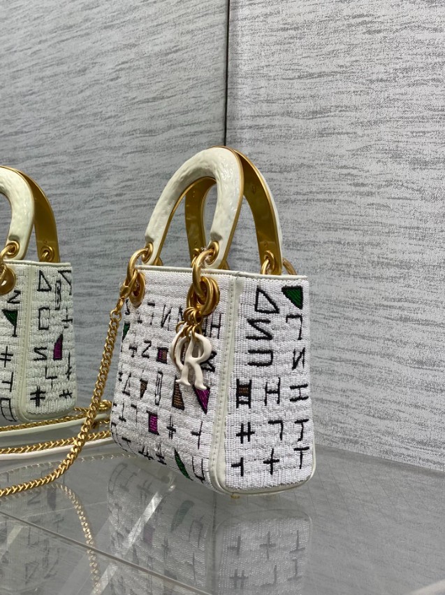 ディオール ハイブランド レディディオール ミニバッグ 2WAYハンドバッグ ホワイト系 刺繍ロゴ 幾何学デザイン_6