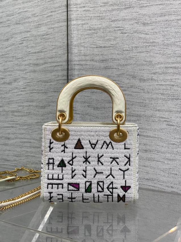 ディオール ハイブランド レディディオール ミニバッグ 2WAYハンドバッグ ホワイト系 刺繍ロゴ 幾何学デザイン_3