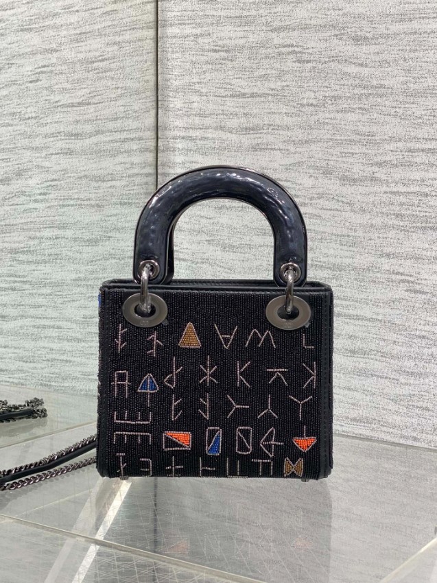 ディオール 並行輸入品 レディディオール ミニバッグ 2WAYハンドバッグ ブラック系 刺繍ロゴ 幾何学デザイン_6