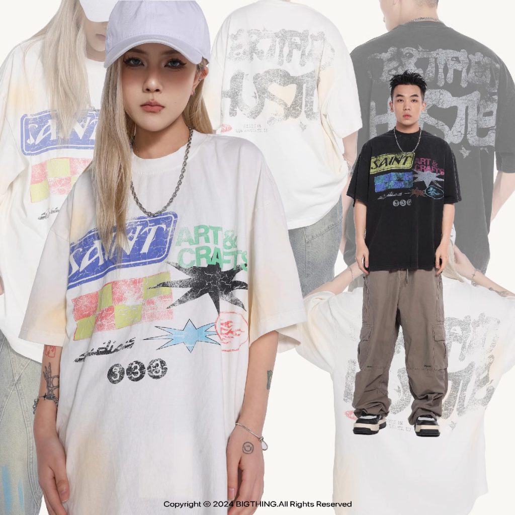 Saint Michael（セントマイケル）偽物 なクラシックプリントウォッシュ加工半袖ゆったりカジュアルカップルTシャツ夏 通販