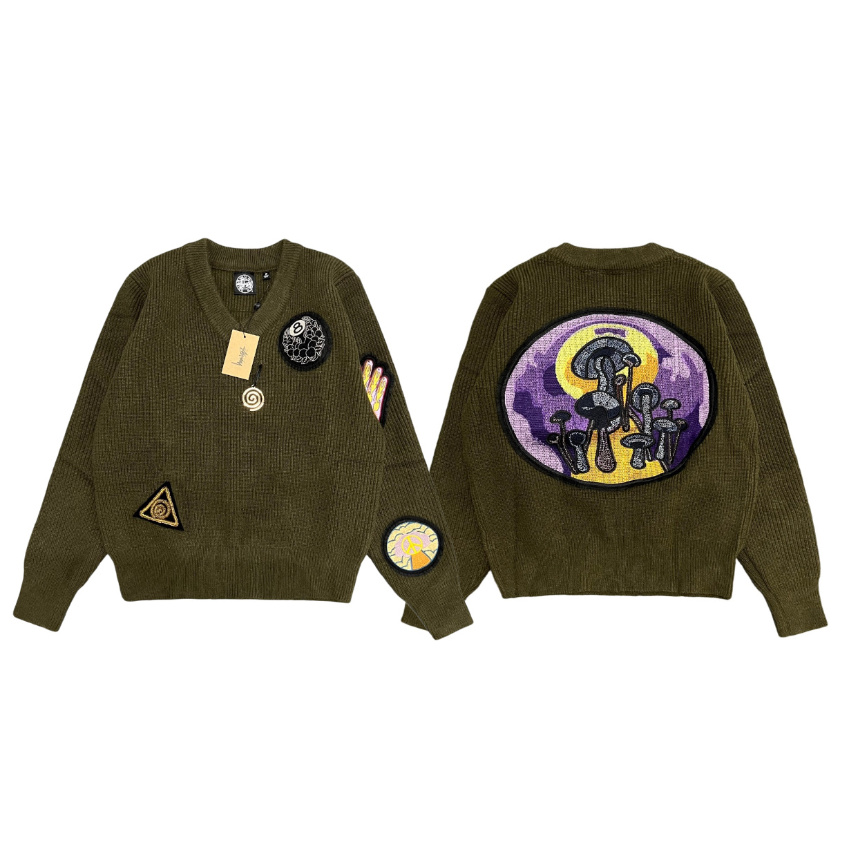 ステューシー n級コピー ワッペン刺繍×キノコアート 軍緑ニット 個性派デザインで存在感抜群の一着｜スーパーコピー服